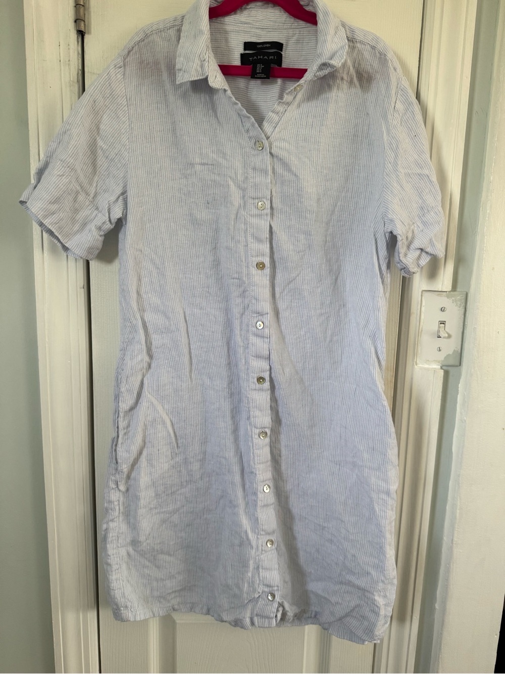 Tahari White and Light Blue Striped Linen Shirt